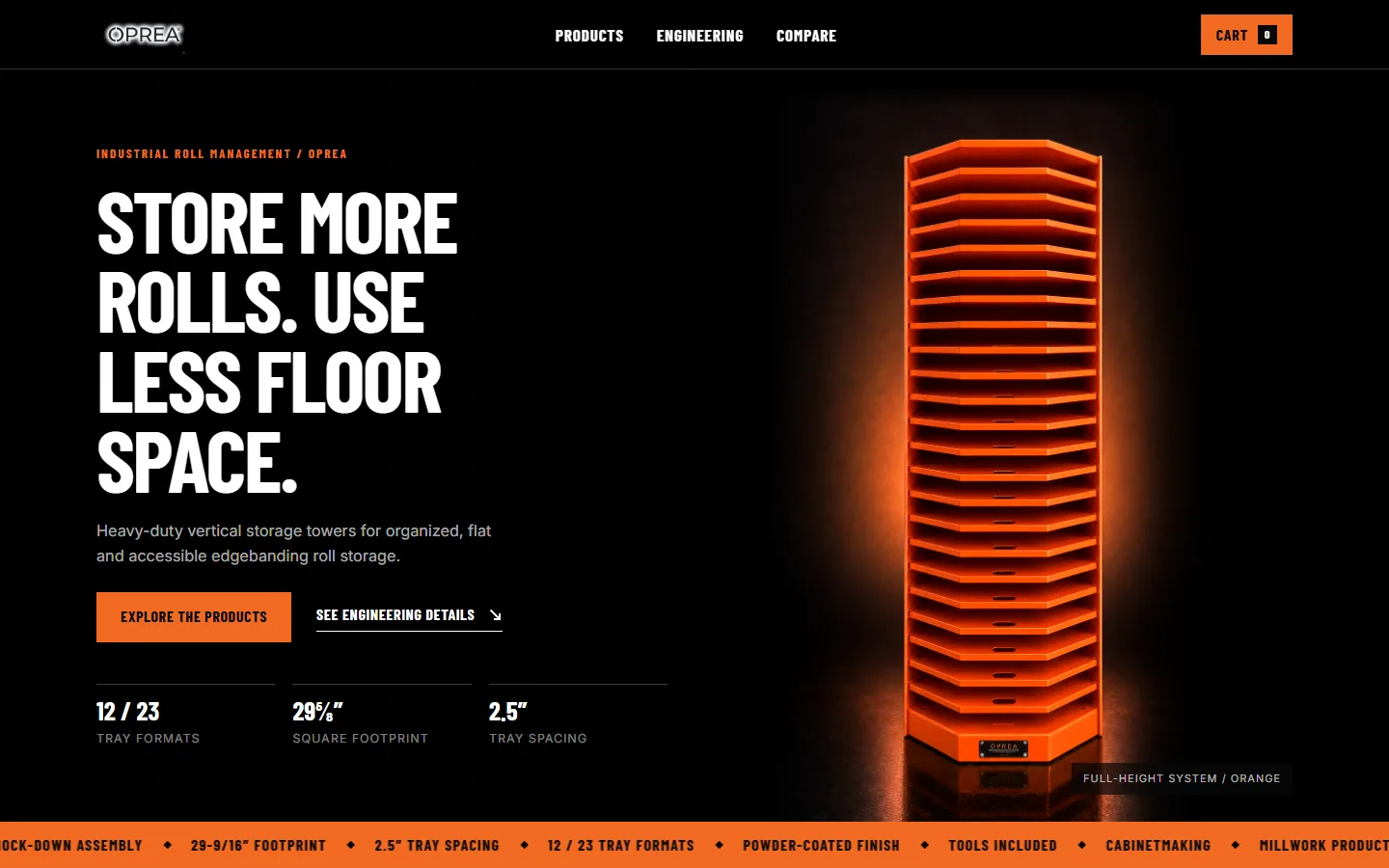 OPREA Solutions website showing its full-height edgebanding roll storage tower